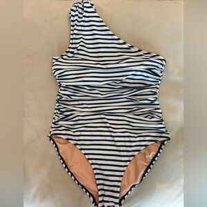 J. Crew Navy and White Striped One-Shoulder Wonen’s Swimsuit